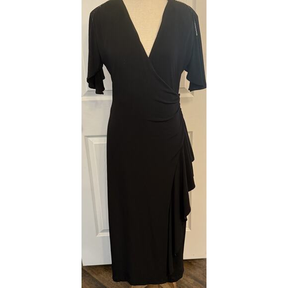 J. Peterman Dresses & Skirts - J Peterman Cocktail Dress LBD Sz 6 Black Ruched Rhinestones Ruffle Button Detail